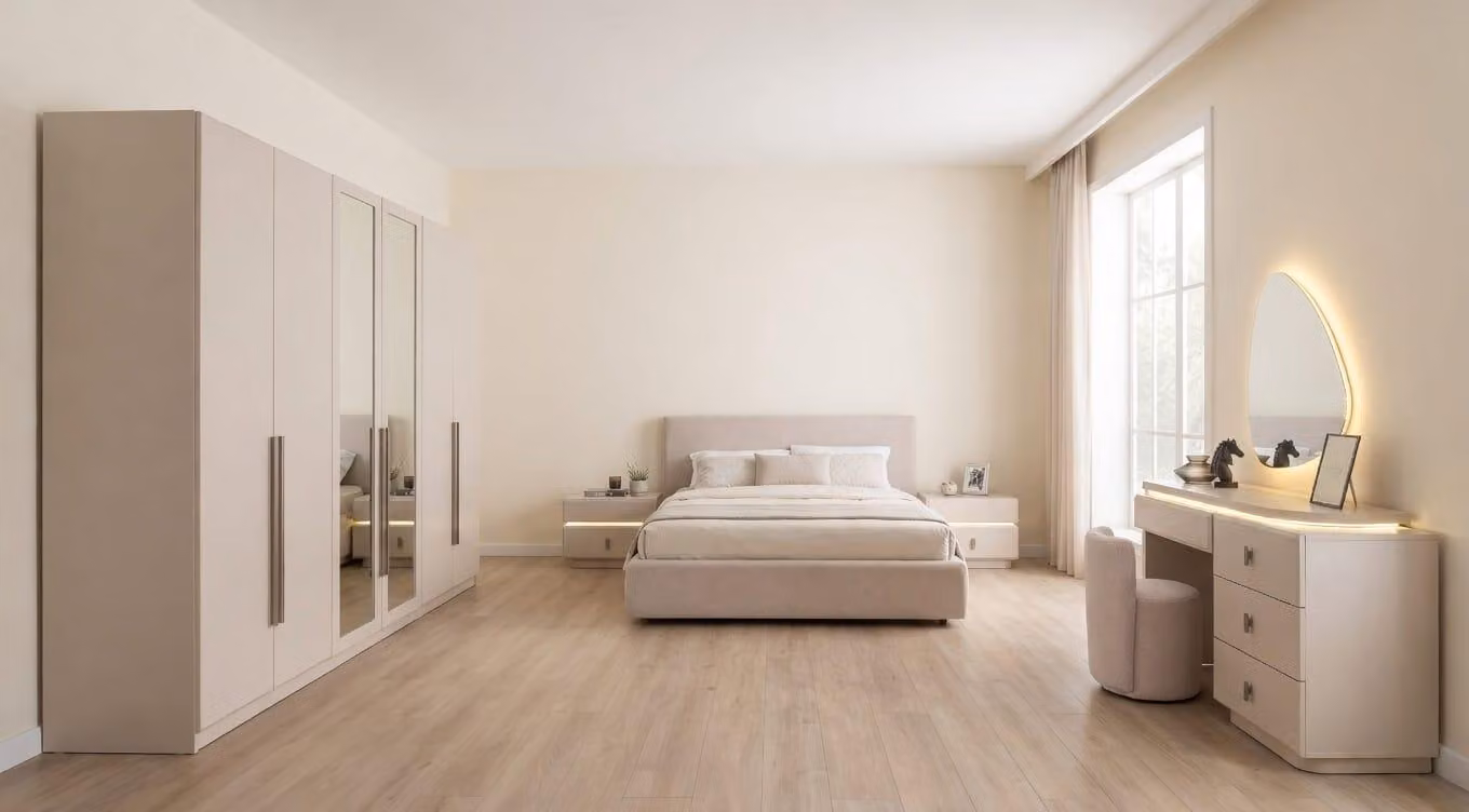 Set completo per camera da letto: armadio, 2 comodini, poggiapiedi eleganti