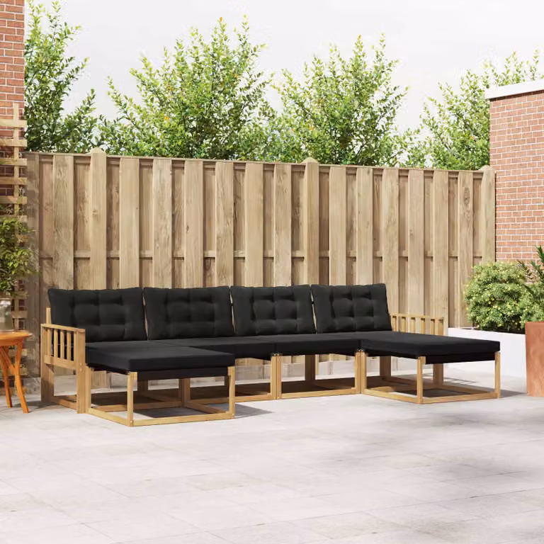 Set di divani da esterno vidaXL 6 pz in legno di acacia con cuscini, Bianco, Nero e Marrone
