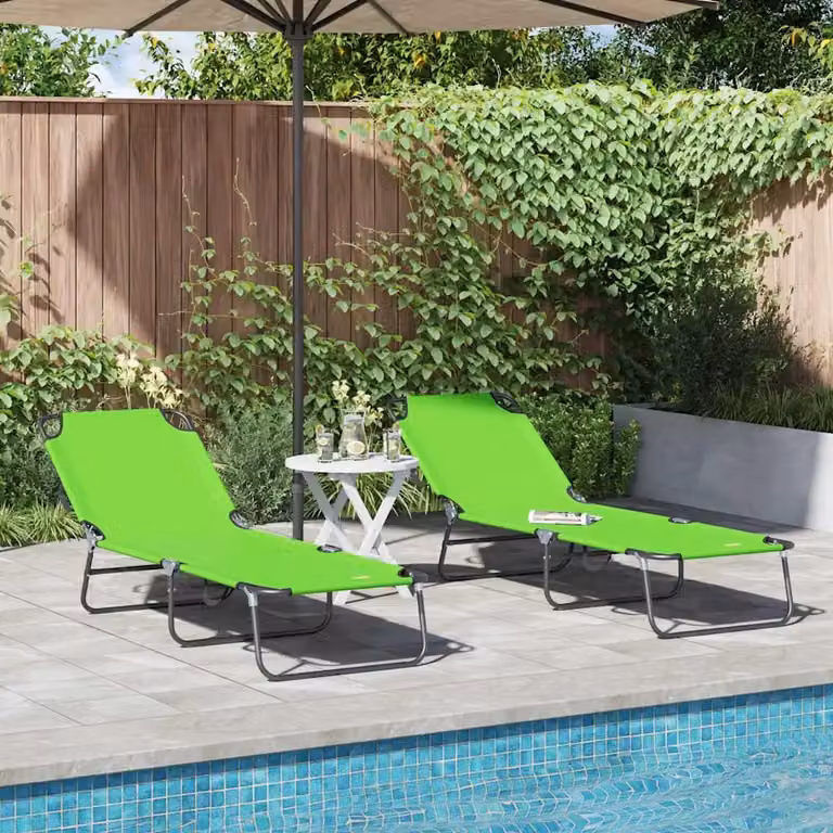 Set di 2 lettini prendisole pieghevoli vidaXL in poliestere verde con struttura in acciaio e poggiatesta regolabile per giardino e terrazza