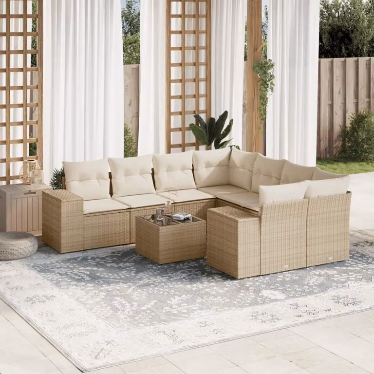 vidaXL Set Divano da Giardino a L 9 pz in Polyrattan con Cuscini Beige e Tavolino