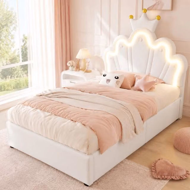 Letto singolo imbottito 90 × 200 cm con contenitore idraulico in PU bianco testiera regolabile e luce LED
