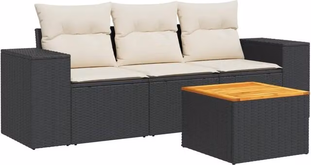 Set Salotto da Giardino 4 Pezzi DESIGN IN in Polyrattan Nero con Cuscini e Tavolino