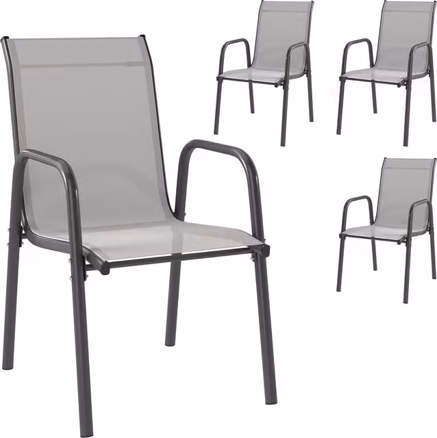 Set di 4 sedie da giardino Outsunny impilabili in metallo e textilene grigio con braccioli per terrazza e balcone