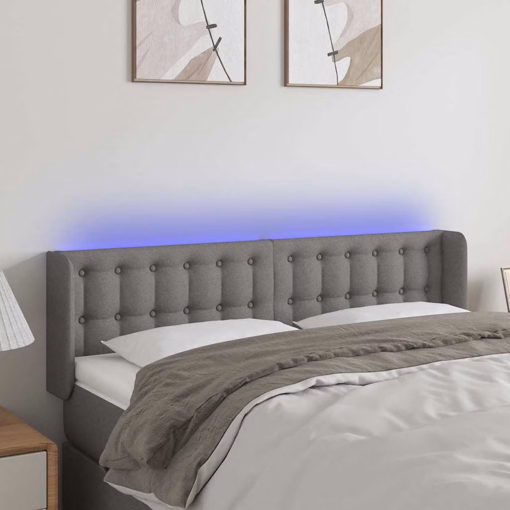 Testiera con LED e porta USB vidaXL in tessuto grigio scuro, L: 147 cm, P: 16 cm, H: 78-88 cm