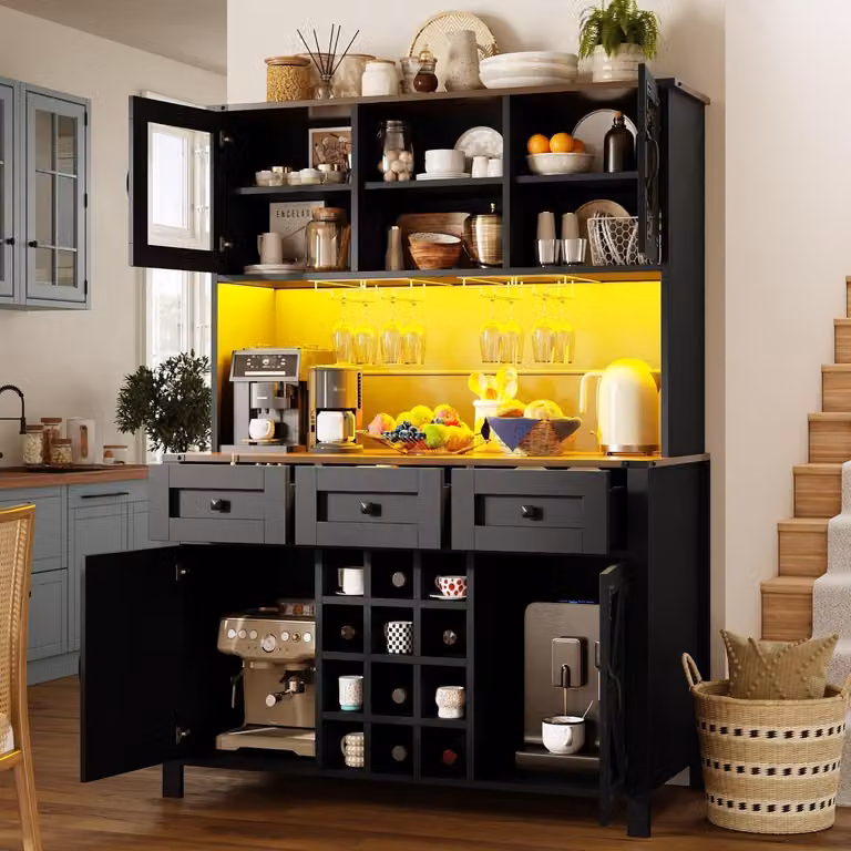 Armadio alto da cucina con prese USB e prese di corrente, 4 ante, 3 cassetti, illuminazione a LED, colore nero