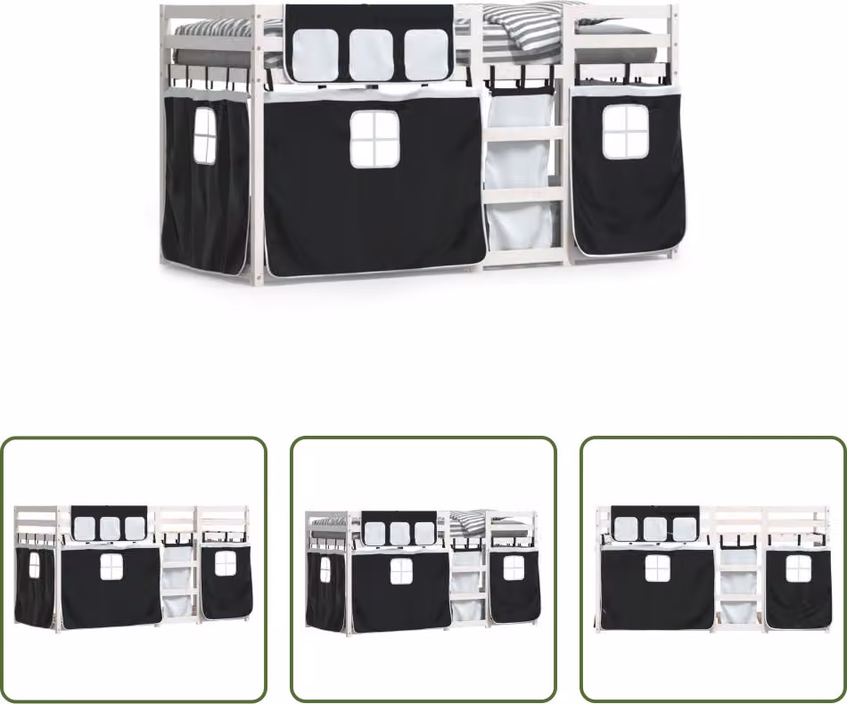 The Living Store Letto a castello con tende bianco e nero 80x200 cm in legno di pino