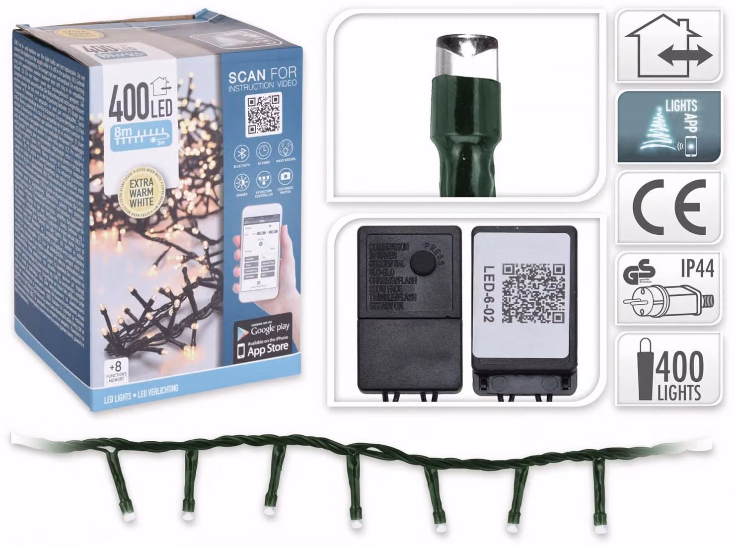 Catena di luci a LED a forma di cespuglio, 400 LED, color ambra, 230V~, grado di protezione IP44, 8 metri, 8 funzioni, controllabile tramite app