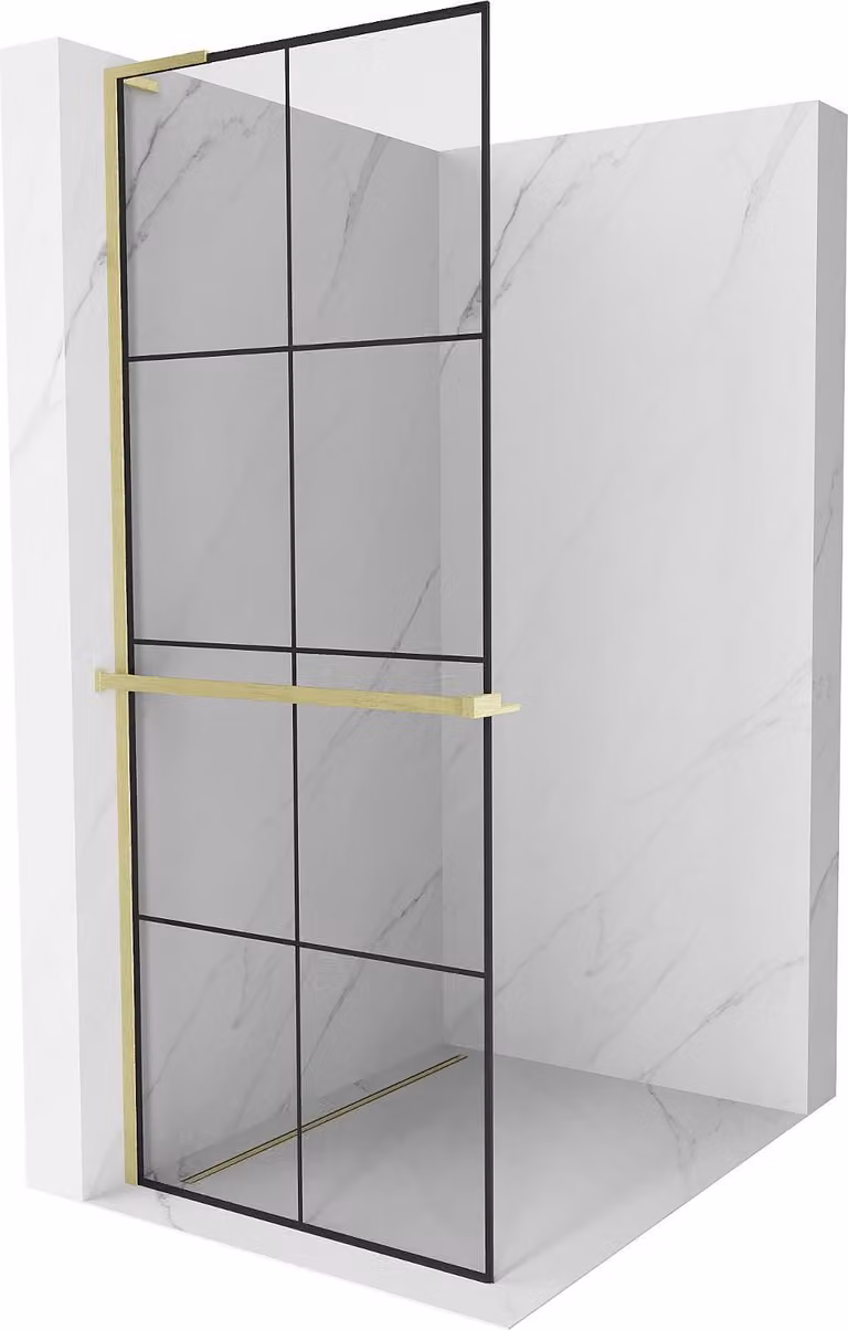 Mexen Kioto+ L parete doccia con mensola Walk-in 70 x 200 cm, griglia nera, oro spazzolato - 800-070-123-55-77