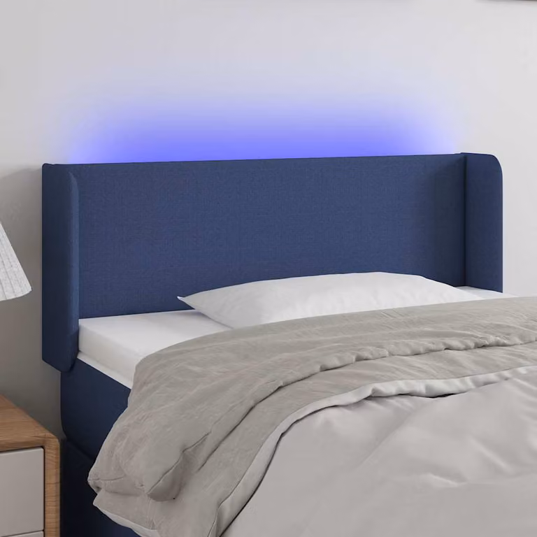 Testiera per letto vidaXL in tessuto blu con illuminazione LED e porta di ricarica USB, L: 103 cm, P: 16 cm, H: 78-88 cm