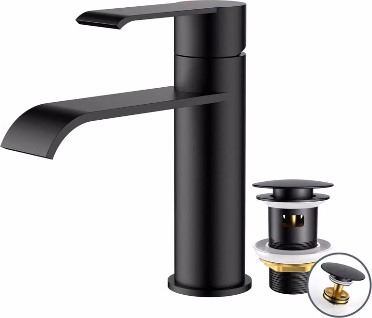 Miscelatore monocomando nero per lavabo, completo di gruppo di scarico, ideale per il bagno