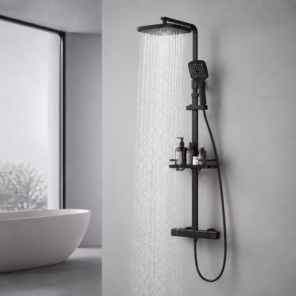 Sistema doccia con termostato, colore nero, temperatura 38 °C, soffione a pioggia 23x23 cm