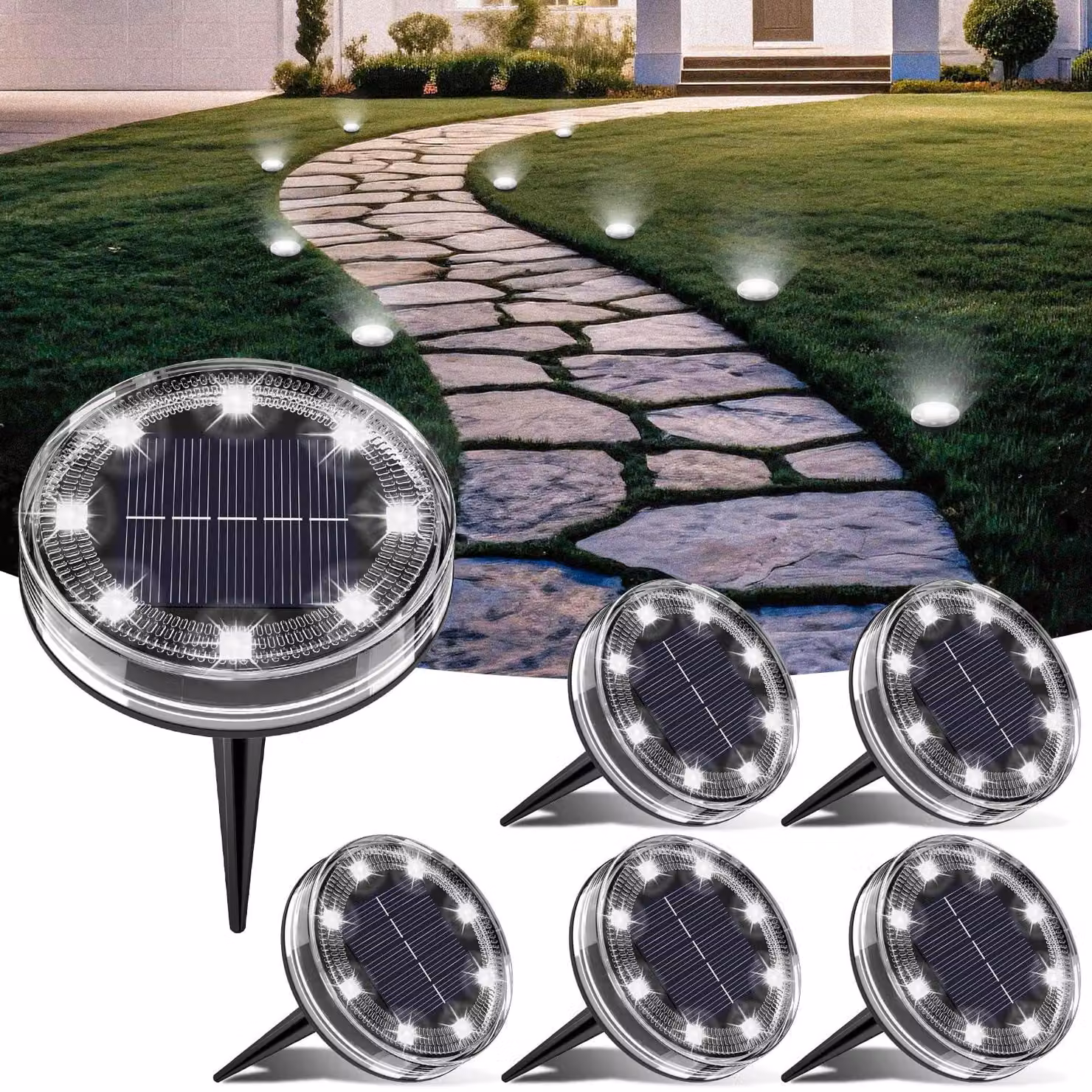 Set di 6 lampade solari, con 8 LED, grado di protezione IP68, luce bianca fredda, per uso esterno