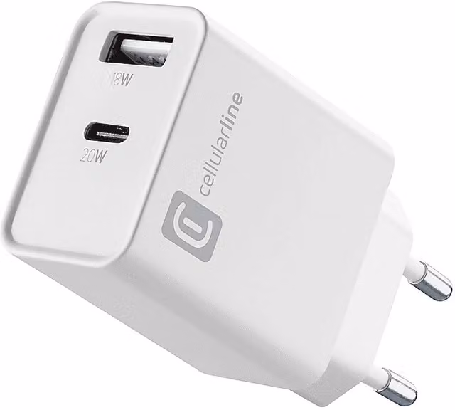 Caricabatteria multiporta Cellularline con USB-C e USB-A da 20W, Bianco