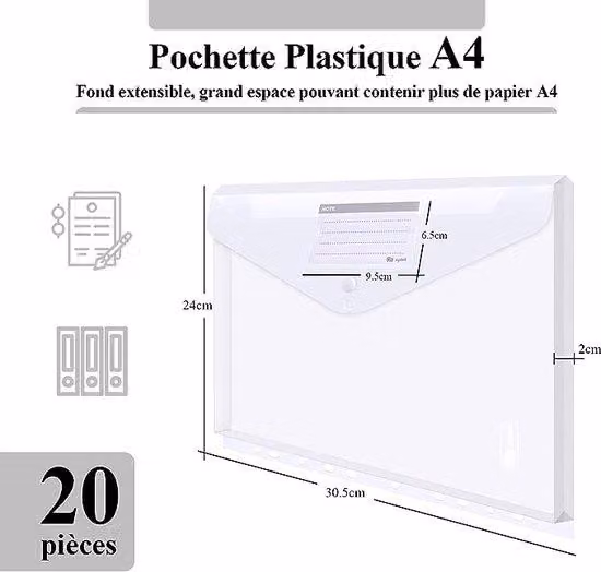 Cartellina portadocumenti A4, 20 pezzi, 2 bottoni, 11 fori, tasca per etichette, organizer per documenti