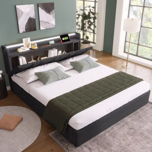 Letto matrimoniale 140x200 con LED RGB, USB e contenitore grigio