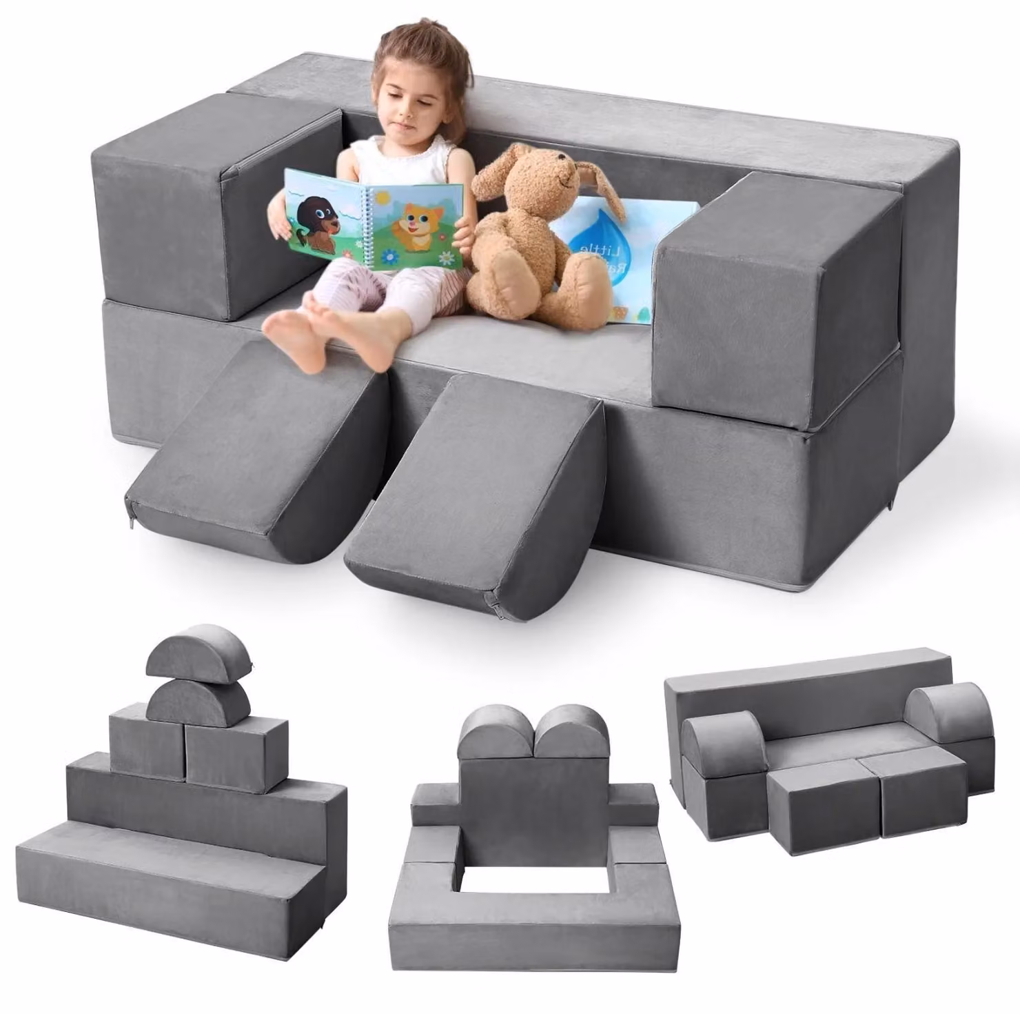 Divano modulare per bambini - Divano gioco in schiuma - Cuscini rimovibili - Trasformabile - Morbida imbottitura in schiuma - Per leggere e giocare - Grigio scuro