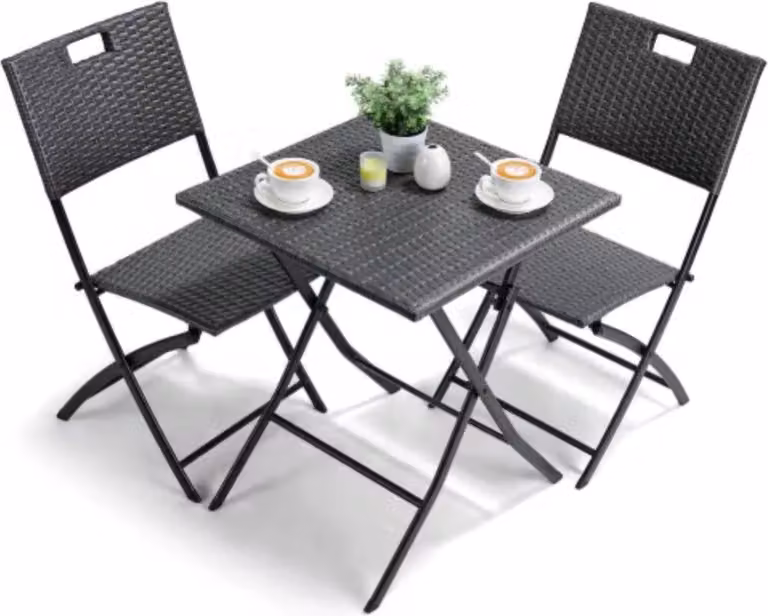 Set da esterno con tavolo pieghevole, 3 pezzi – Set da balcone e bistrot – 2 sedie pieghevoli e tavolo – Rattan PE e telaio in acciaio – Per giardino, balcone e campeggio – Grigio scuro