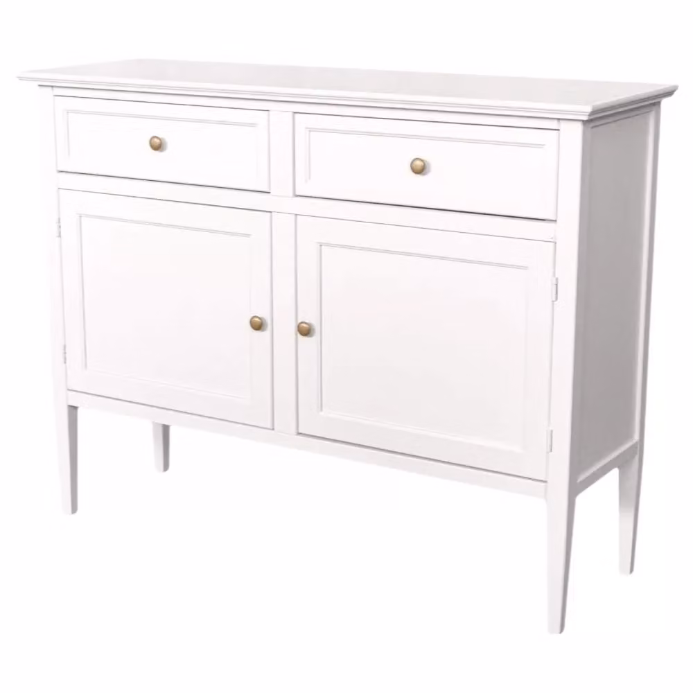 Madia credenza shabby chic in legno di pioppo bianco con 2 porte e 2 cassetti Mobili 2G L: 110 cm, P: 35 cm, H: 83 cm