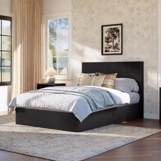 Letto contenitore Mivray nero con sollevamento idraulico e testiera a rilievo L/P/H: 156 x 140 x 210 cm