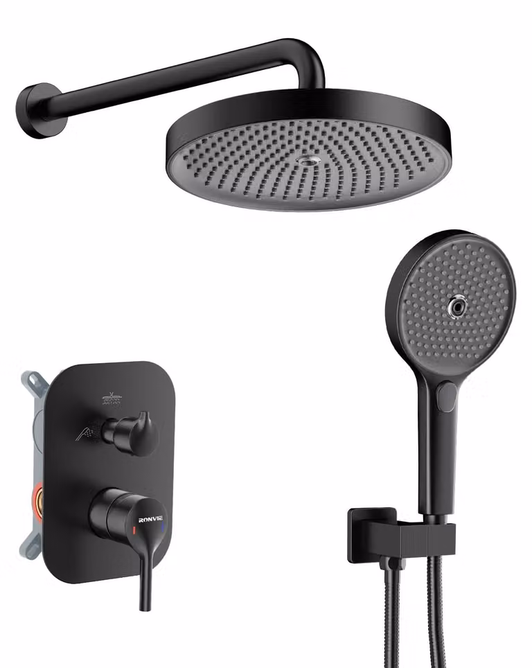 Set di rubinetteria per doccia da incasso, diametro 25,4 cm, finitura nera opaca, con soffione a pioggia