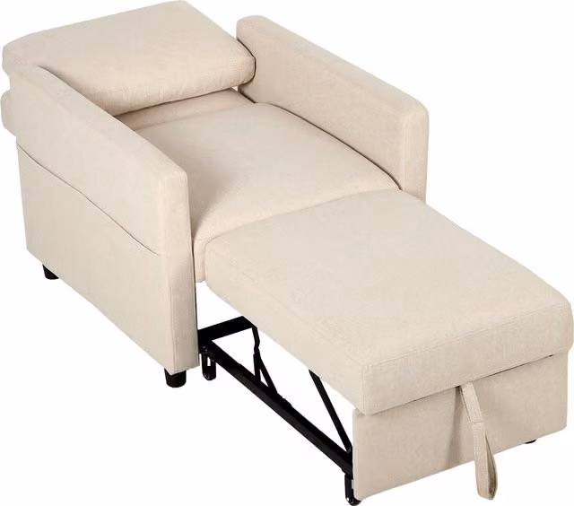 Poltrona Letto 3 in 1 HOMCOM in Tessuto Effetto Lino con Schienale Regolabile, Bianco Crema