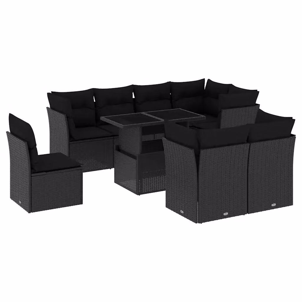 vidaXL Set Divani da Giardino 9 pz in Polyrattan Nero con Cuscini e Tavolino – 2