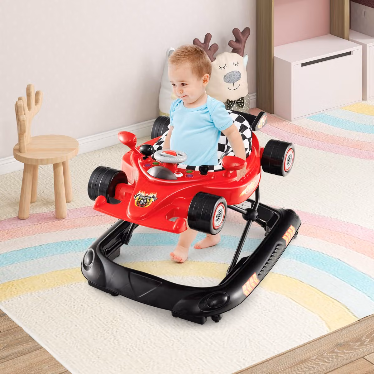 Costway Girello pieghevole 4-in-1 per bambini con altezza regolabile a 3 livelli e vassoio rimovibile, Rosso