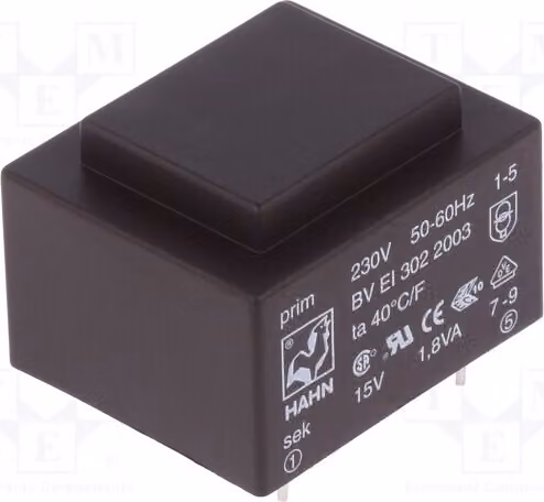 1 trasformatore: rivestito, 1,8 VA, 15V, 230VAC, 120mA. Montaggio: BV EI 302 2003 -Tran