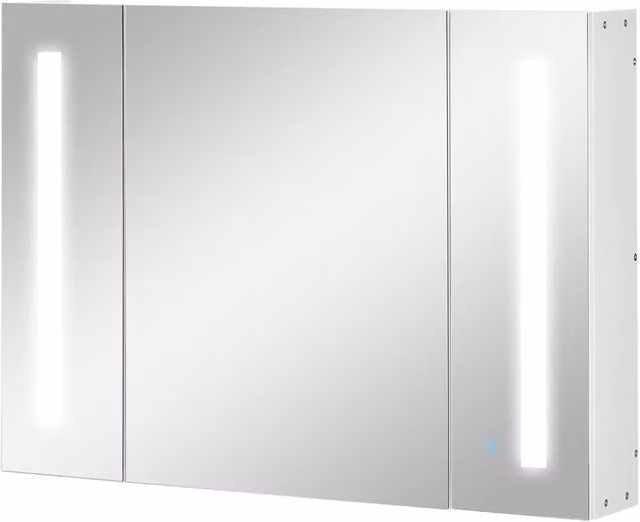 Armadietto specchiera da bagno moderno con luce LED e sensore, 3 ripiani e ante a battente, Bianco, L: 90 cm, H: 65 cm, P: 15 cm