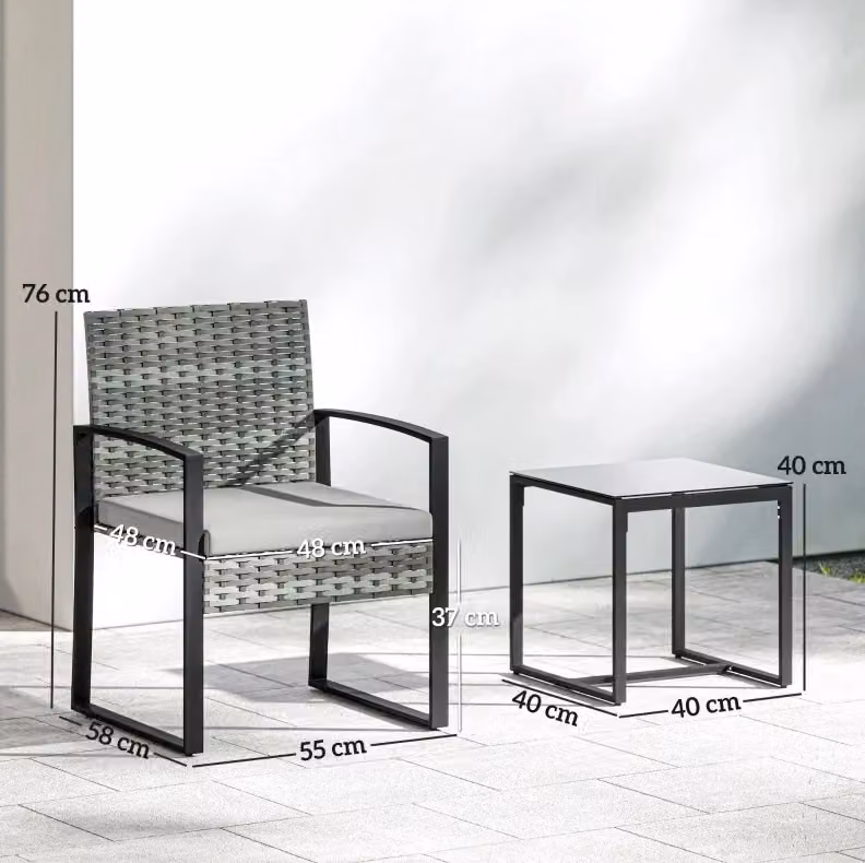 Set salotto da esterno moderno in polyrattan grigio con poltrona lounge, tavolino da caffè in vetro e cuscini inclusi – 2