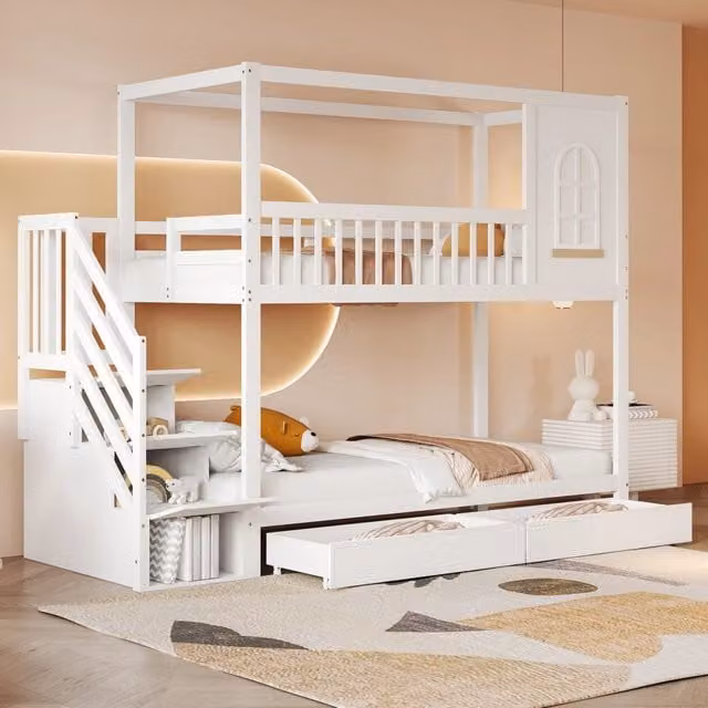 Letto a castello funzionale in legno bianco 90x200 cm