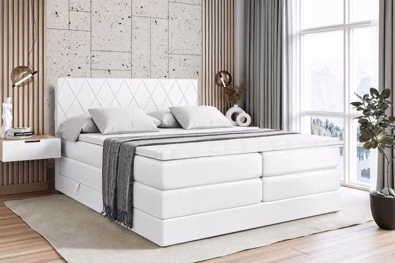 Letto boxspring ALTDECOR con 2 materassi e topper - 200x200 cm - LEPARO KING - Pelle finta bianca - Letto imbottito con materassi H3 e H4, contenitore e rete a doghe, letto con spazio contenitivo