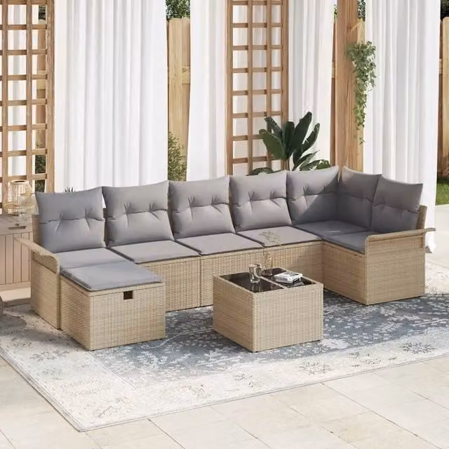 Set Divano da Giardino a L vidaXL in Polyrattan Beige con 8 Pezzi e Cuscini – 1