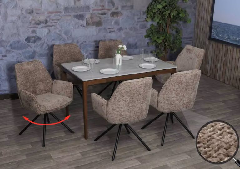 Set di 6 sedie da pranzo modello HWC-G67, sedia per cucina con braccioli, girevole, con sistema di auto-blocco, in tessuto chenille, colore marrone