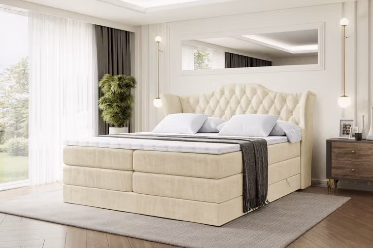 Letto boxspring ALTDECOR con 2 materassi e topper - 120x200 cm - VILA KING - Velluto beige - Letto imbottito con materassi H3 e H4, contenitore e rete a doghe, letto con spazio contenitivo