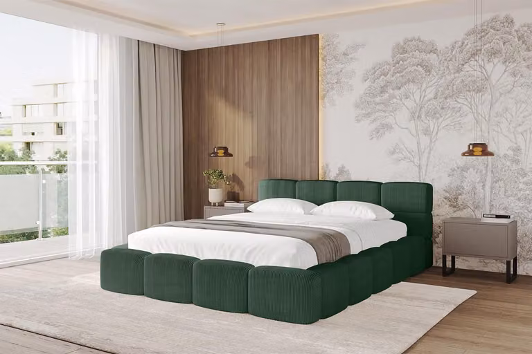 Letto imbottito ALTDECOR con contenitore - NATA-v1 - 140x200 verde - Poso 14: letto con testiera, letto contenitore, letto matrimoniale con spazio contenitivo