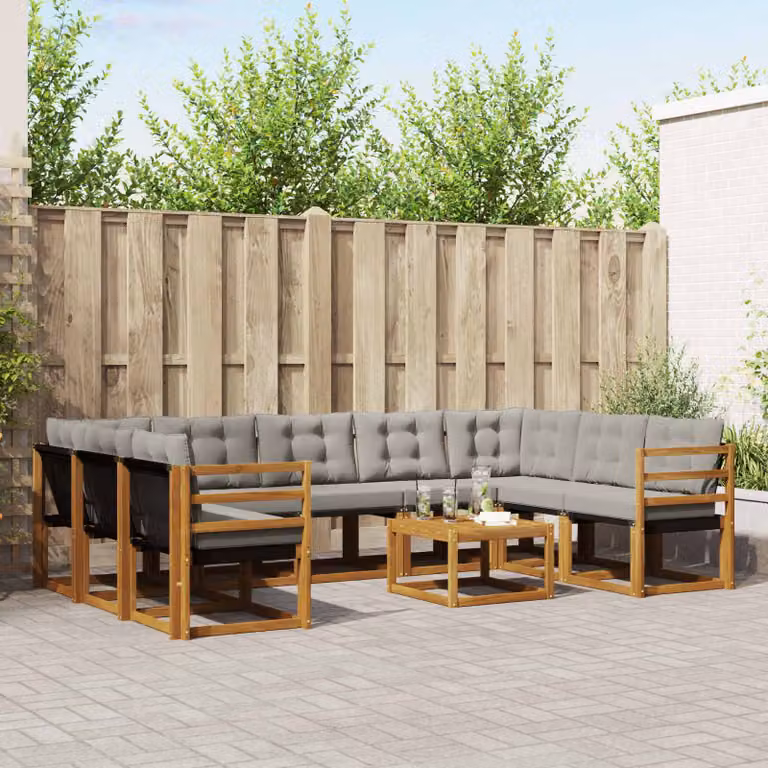 Set di divani da esterno vidaXL a forma di U composto da 10 pezzi in legno di acacia con cuscini in tessuto grigio e marrone