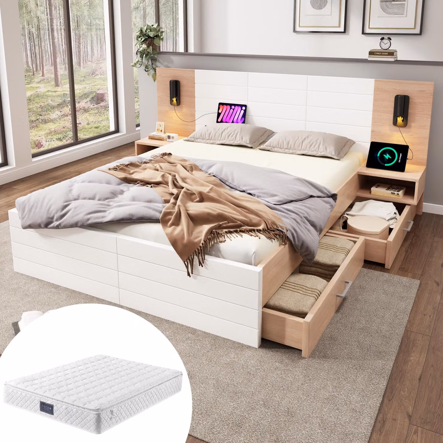 Letto matrimoniale in legno 140×200 cm con 2 cassetti, luce di lettura sulla testata con USB, 2 comodini, rovere/bianco, con materasso