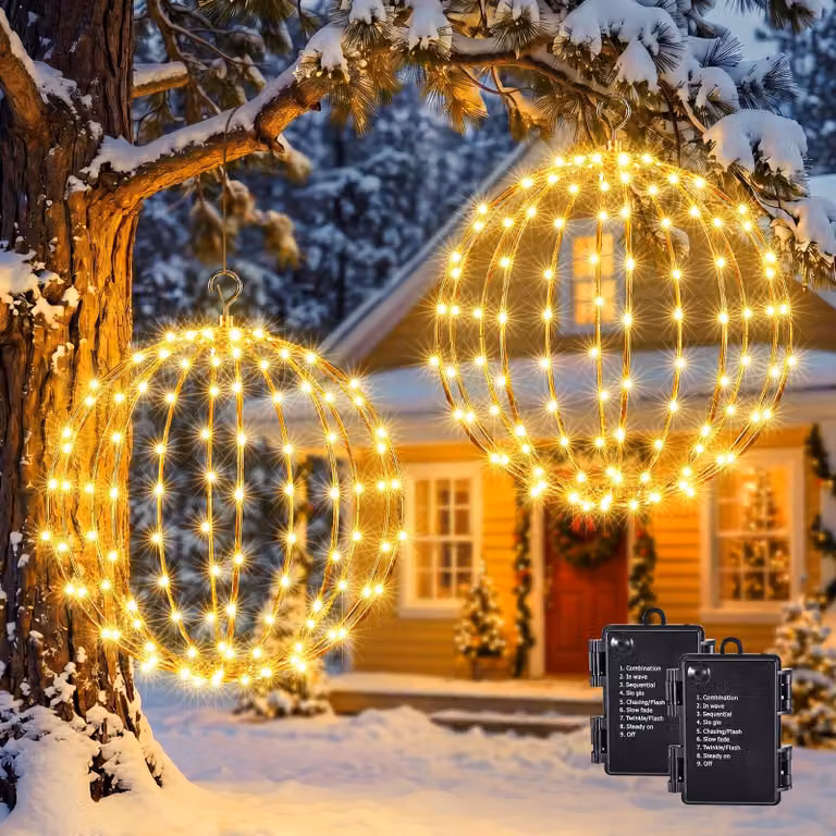 Palle di Natale a LED, diametro 30 cm, confezione da 2, luce bianco caldo, 120 LED, pieghevoli, con timer