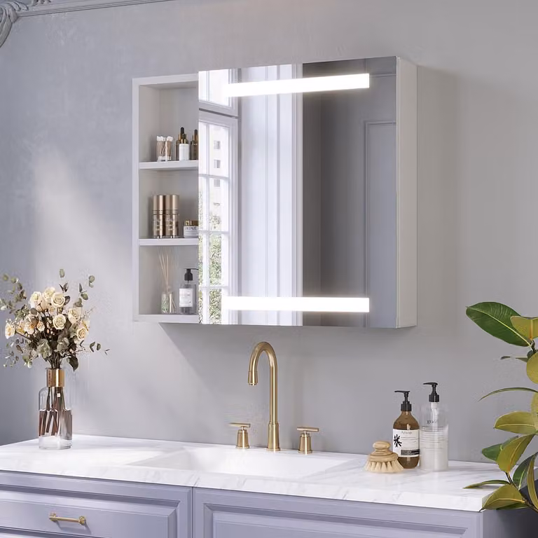 Specchio da bagno con illuminazione a LED, dimensioni 70x60 cm, dimmerabile, con presa di corrente, finitura argento opaco