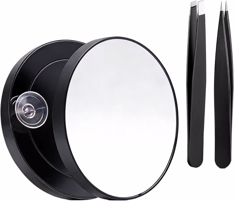 Specchio di ingrandimento rotondo con ventosa doppia, ingrandimento 40x, completo di 2 pinzette, ideale per la cura della pelle