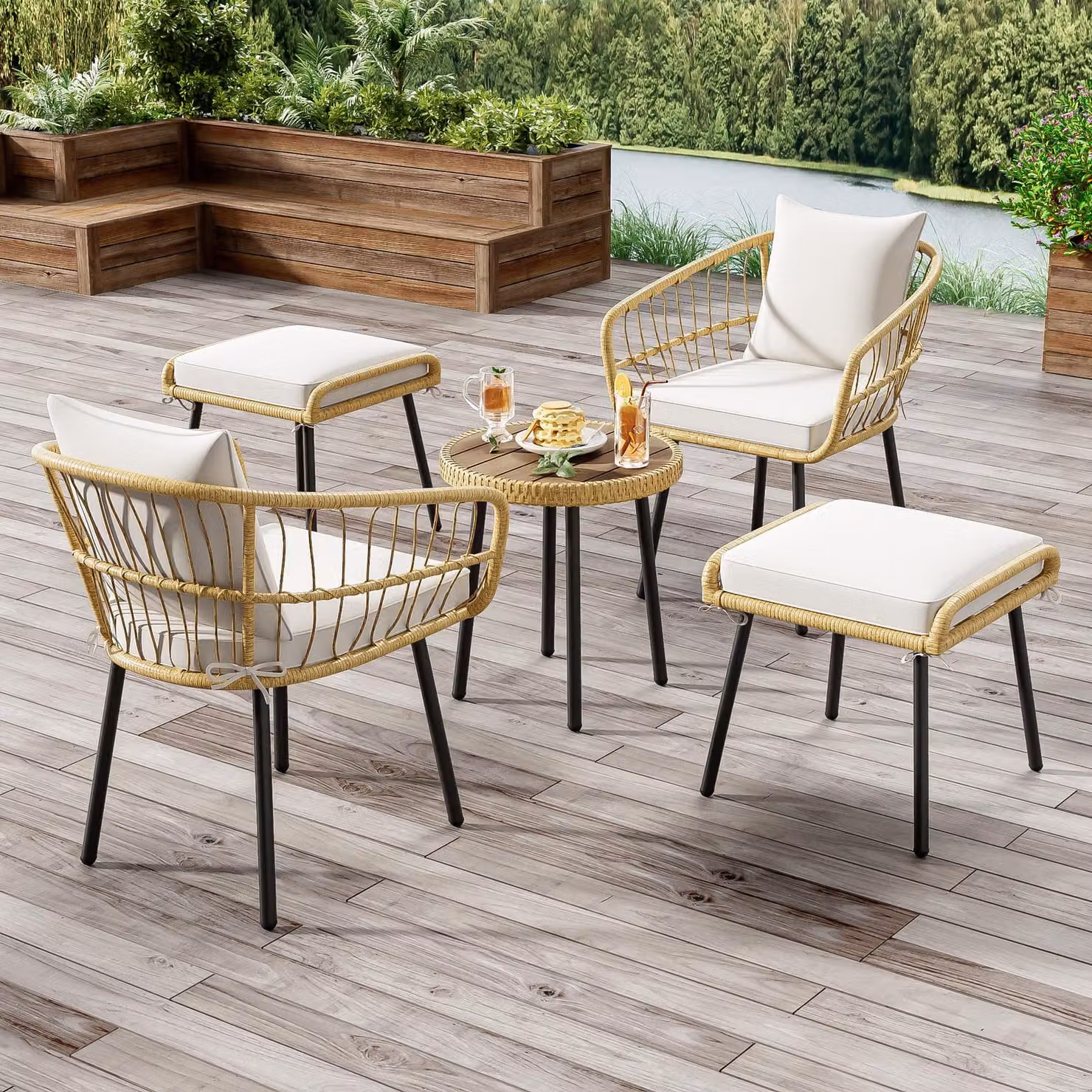 Set da giardino in 5 pezzi, composto da 1 tavolo da pranzo, 2 sedie, 2 sgabelli, mobili in rattan naturale