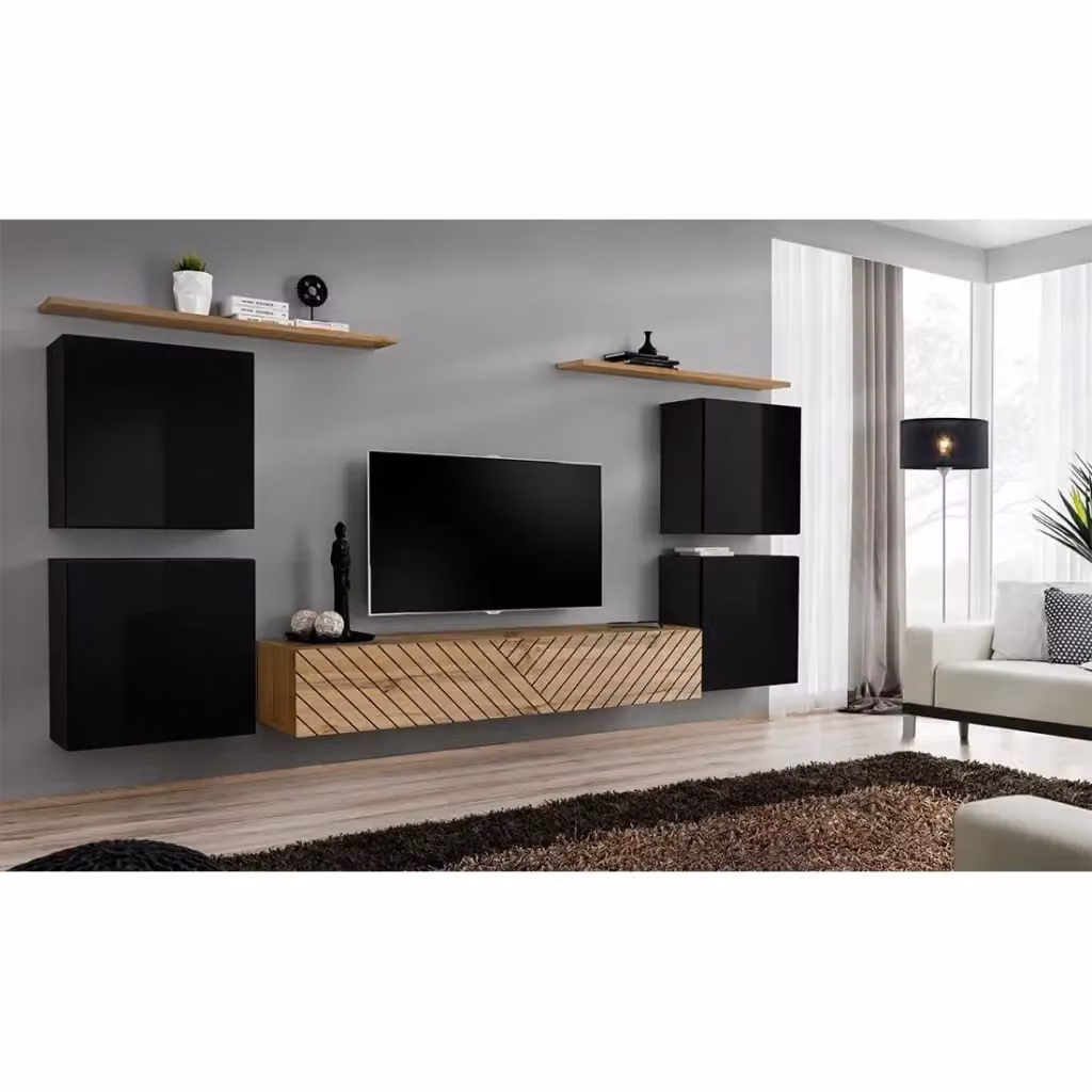 Set di mobili da soggiorno design SWITCH IV Meublorama, finiture nero lucido e rovere fresato, colori nero e rovere – 2