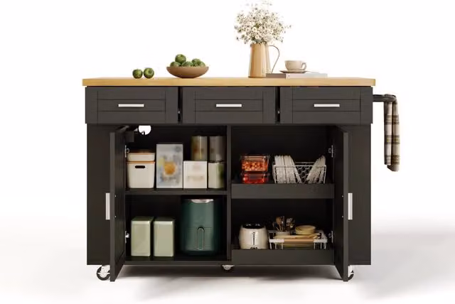 Isola cucina con piano pieghevole in MDF; 120 cm; nero e legno naturale con ruote