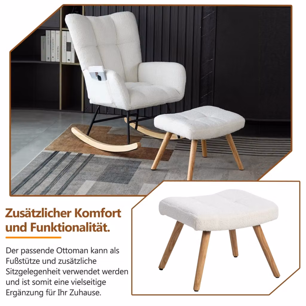 Sedia a dondolo con pouf REDOM in tessuto bouclé bianco e struttura in legno, Altezza: 92 cm – 2