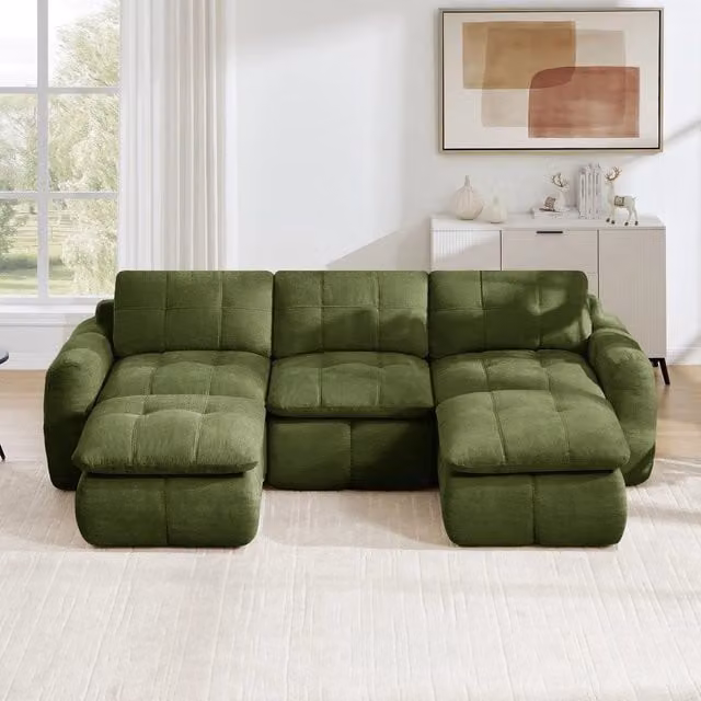 Divano 3 posti modulare ¨C Minimal ¨C verde, tessuto chenille imbottito, con 2 poggiapiedi