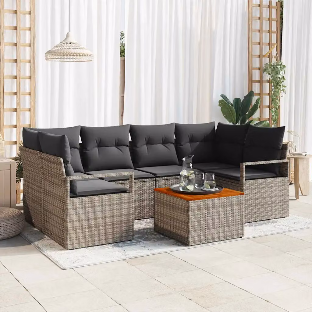 Set Divano da Giardino vidaXL 7 Pezzi Grigio con Tavolino e Cuscini in Polyrattan e Acciaio – 1