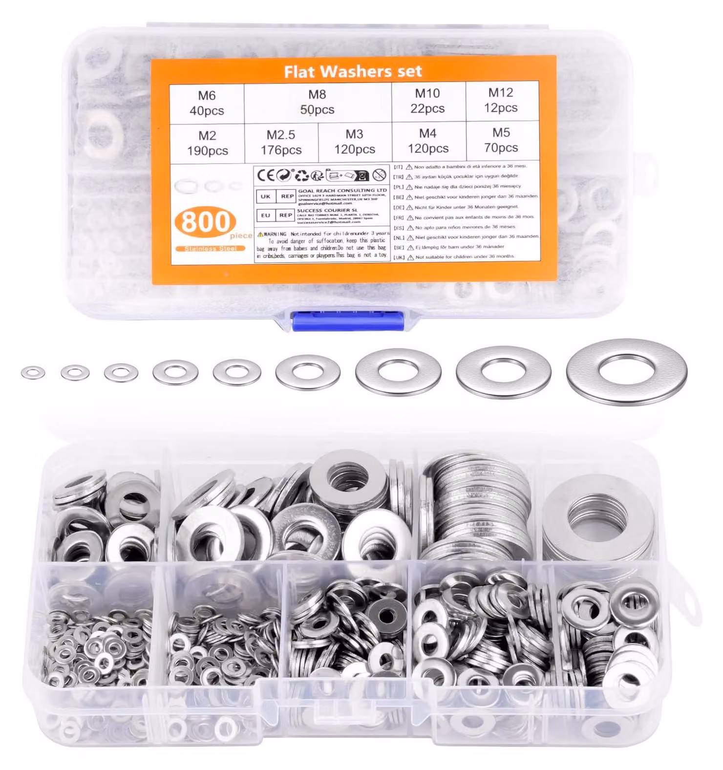 Set di 800 rondelle, in acciaio inossidabile, da M2 a M12