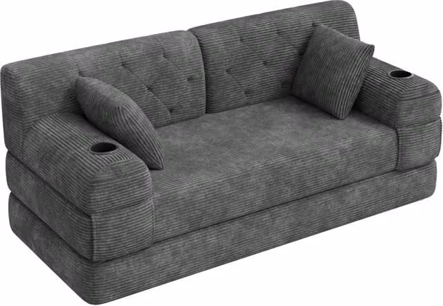 Divano letto 2 posti 168x162 cm in velluto a coste con tasche e portabicchieri; grigio scuro