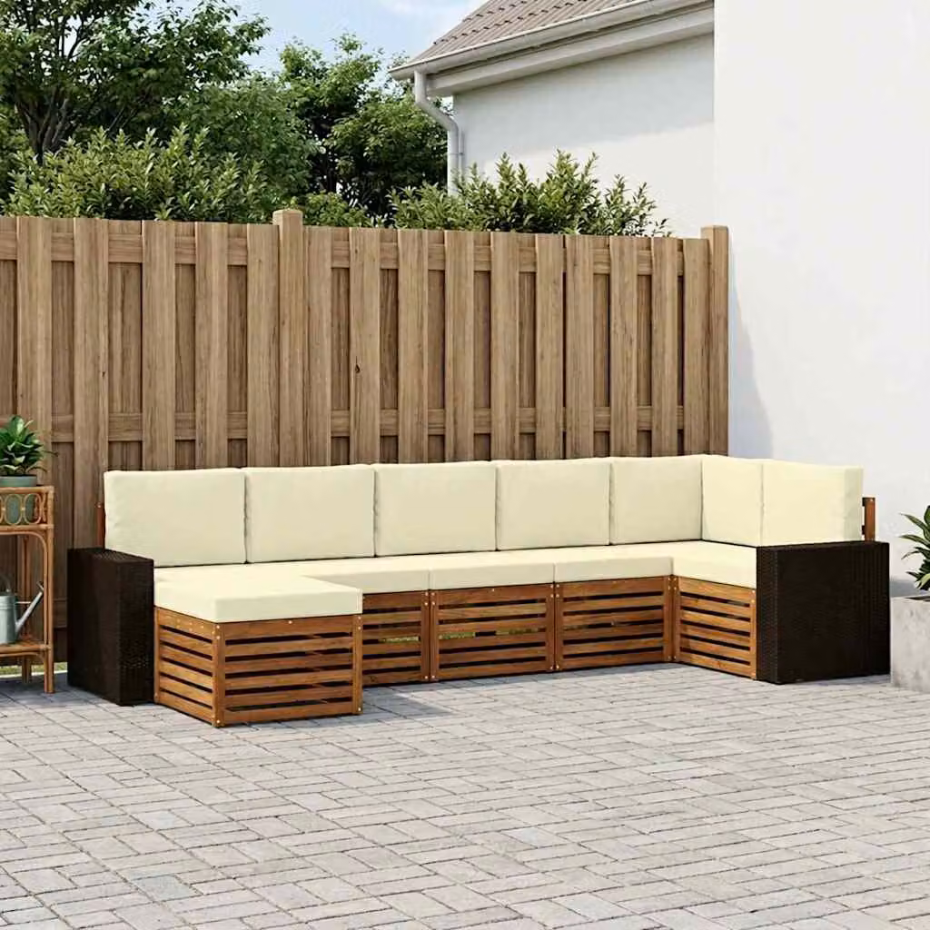 Set di divani da esterno vidaXL a forma di L composto da 7 pezzi in legno di acacia con cuscini beige e bianchi